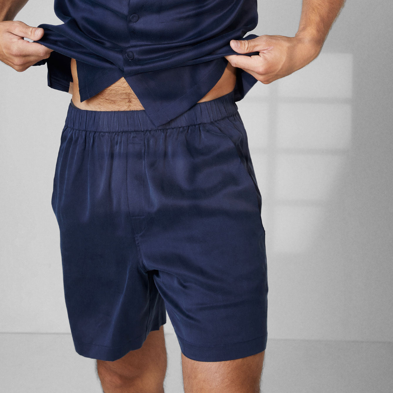 Lunya Men's Deep Blue Washable Silk Button Up Short Set