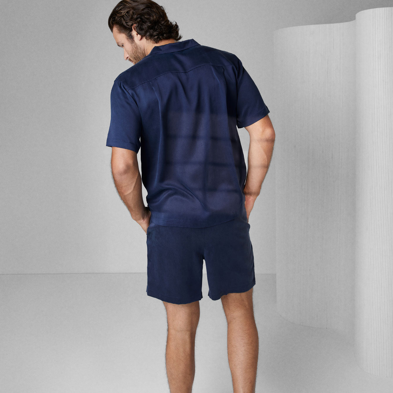 Lunya Men's Deep Blue Washable Silk Button Up Short Set