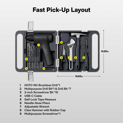 HOTO 16V Brushless Drill Tool Kit