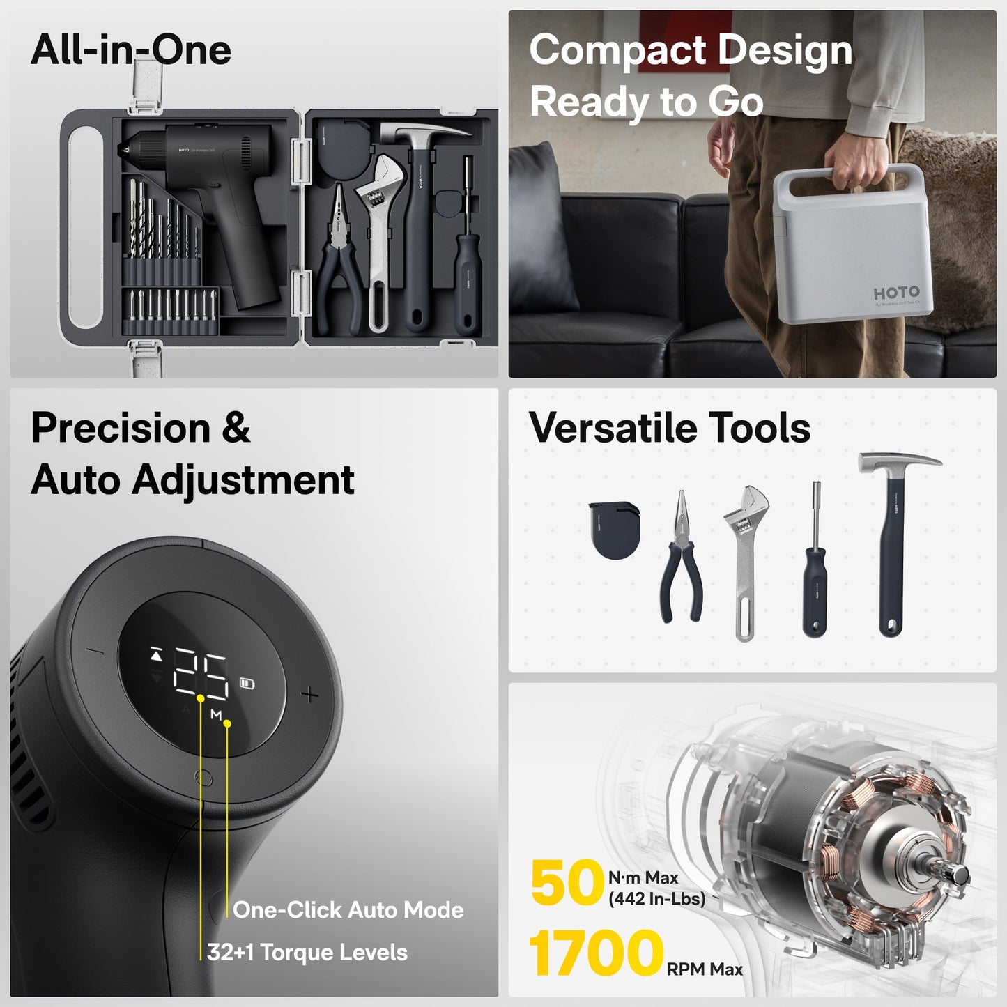 HOTO 16V Brushless Drill Tool Kit