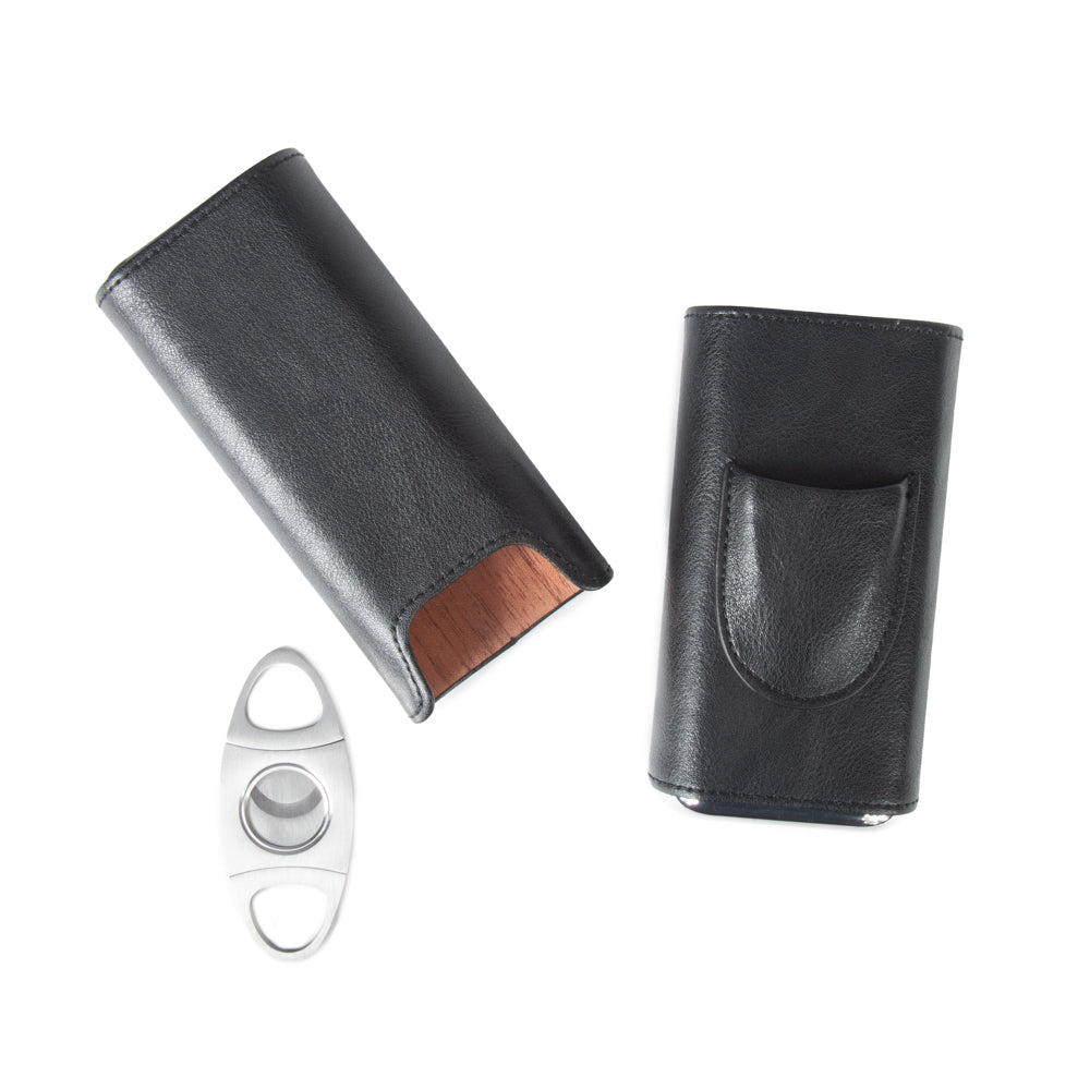 Ashton 3-Cigar Leather Case with Cutter Black