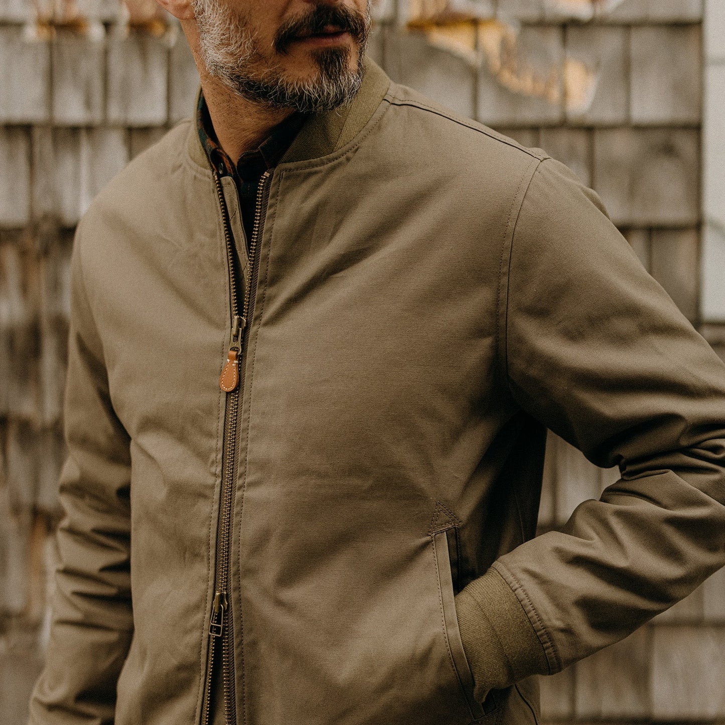Taylor Stitch Fatigue Olive Dry Wax Bomber Jacket
