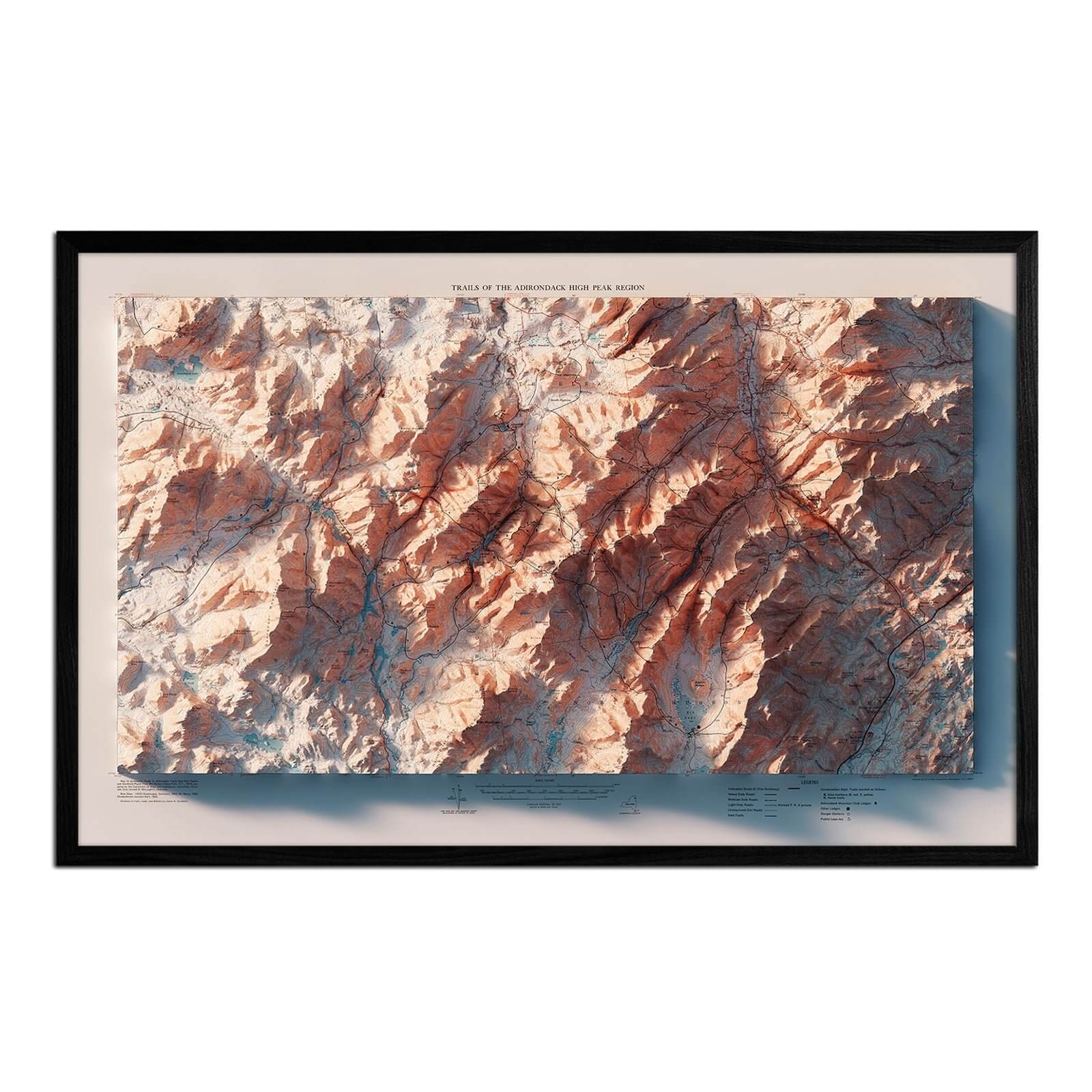 Adirondack Trails 1974 Shaded Relief Map Black