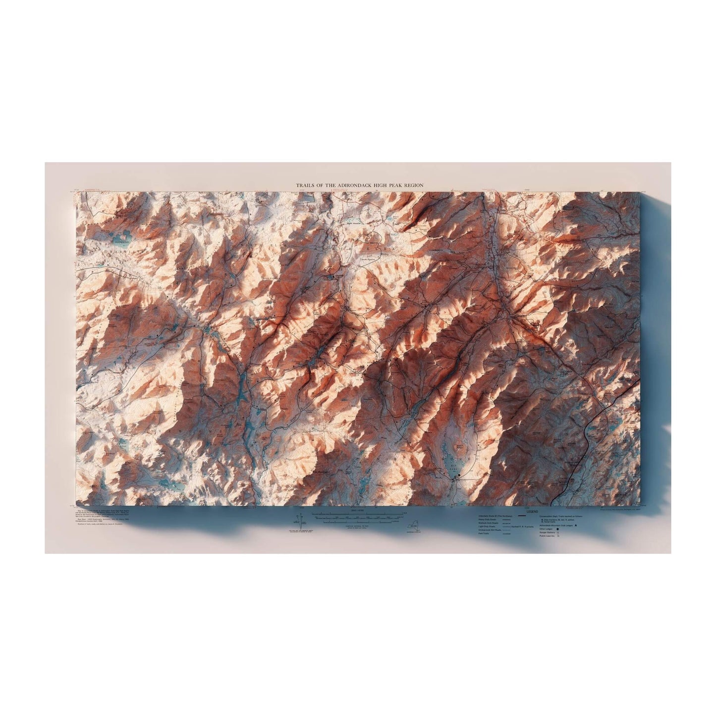 Adirondack Trails 1974 Shaded Relief Map No Frame
