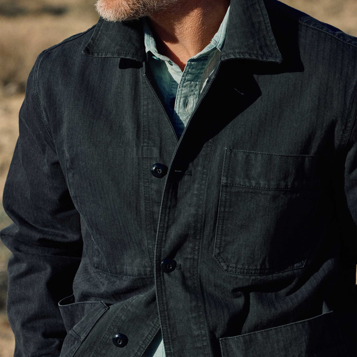 Rivay Japanese Cotton Herringbone Chore Jacket in Navy