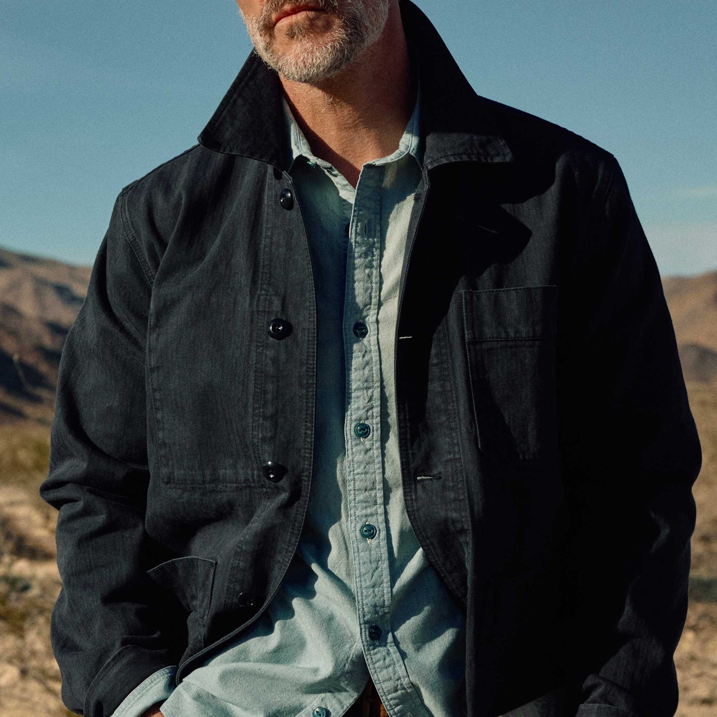 Rivay Japanese Cotton Herringbone Chore Jacket in Navy