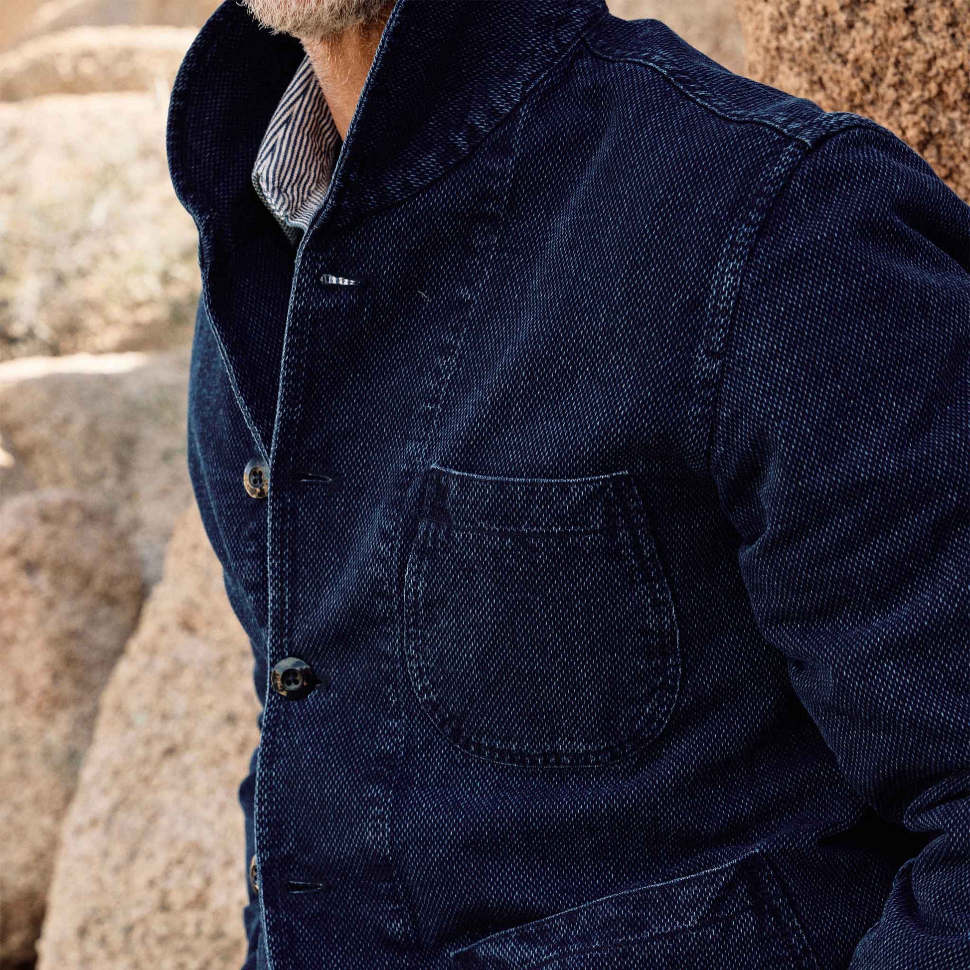 Cliff Indigo Dobby Shawl Jacket in Dark Wash