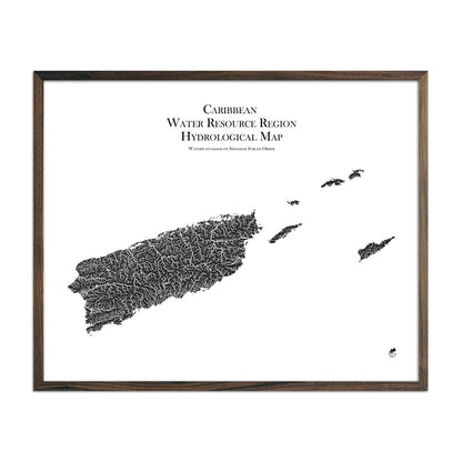 Caribbean Regional Hydrological Map Black w Walnut Frame