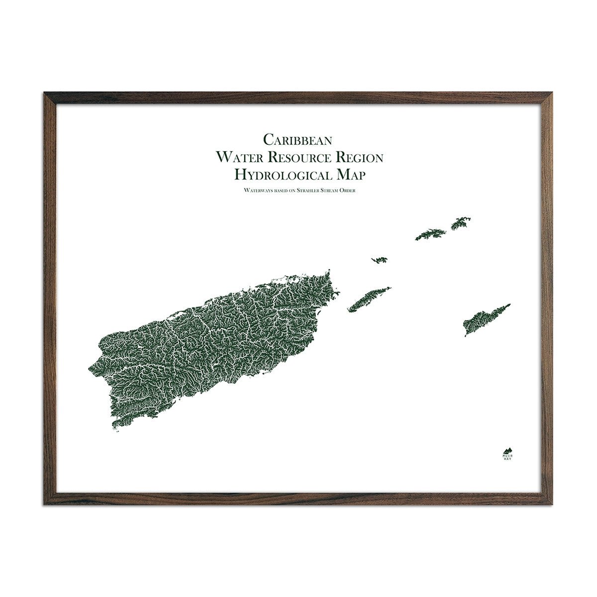 Caribbean Regional Hydrological Map Green w Walnut Frame