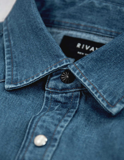 Ennis Selvedge Denim Western Shirt in Medium Wash