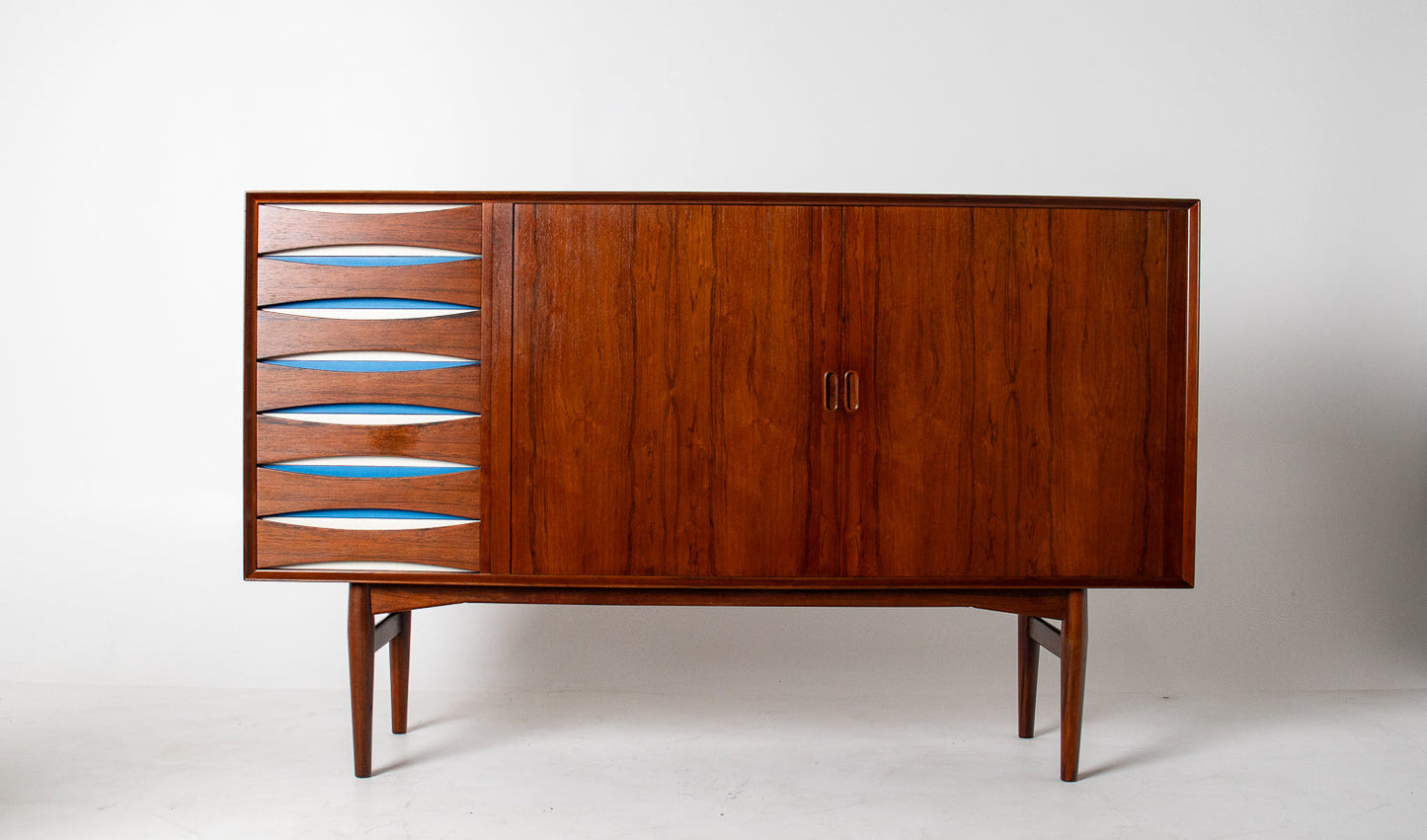Arne Vodder Rosewood Credenza with Blue & White Drawers, Denmark, 1960
