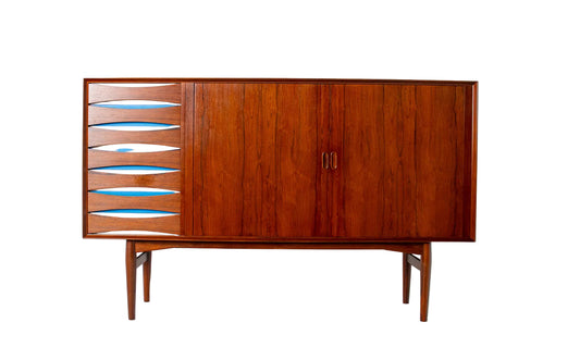 Arne Vodder Rosewood Credenza with Blue & White Drawers, Denmark, 1960