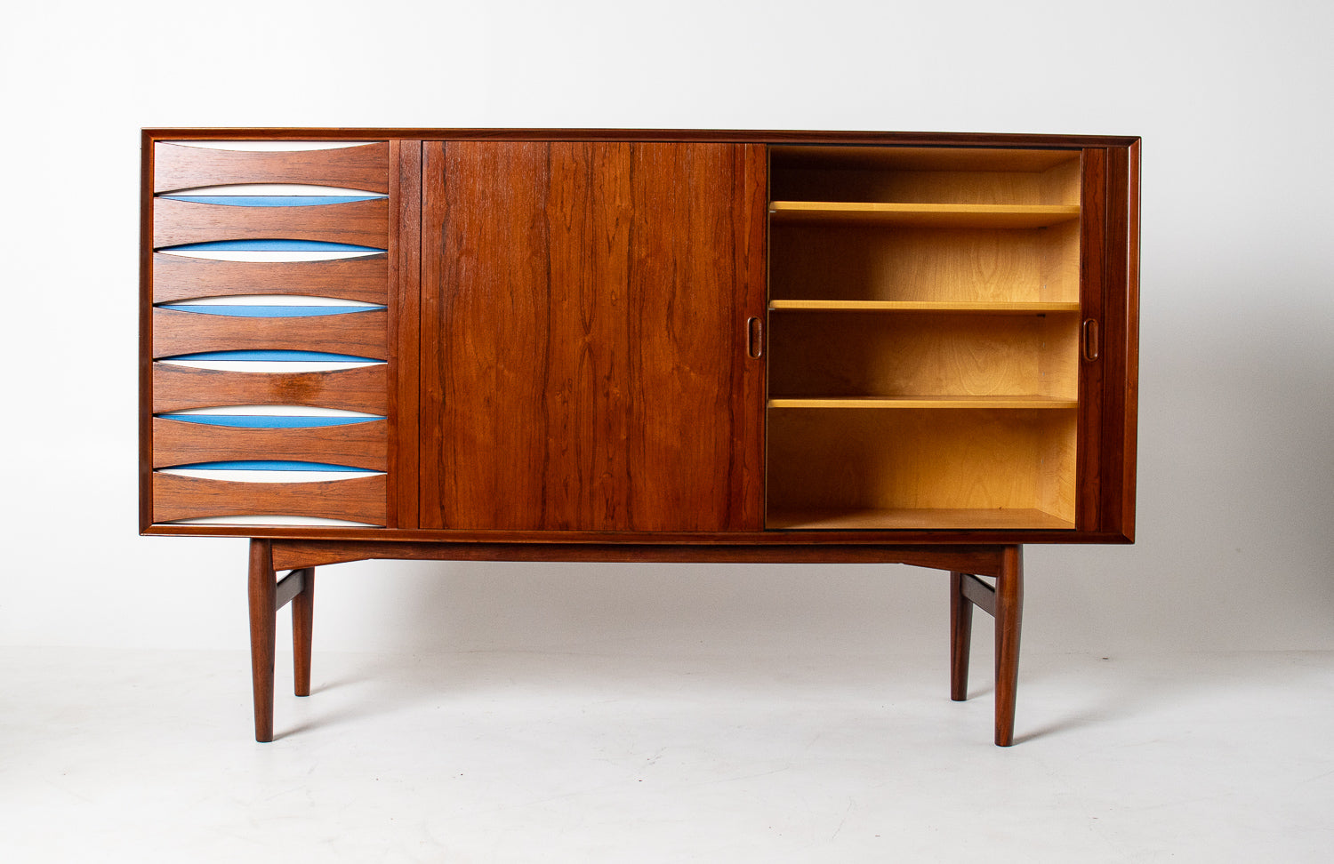 Arne Vodder Rosewood Credenza with Blue & White Drawers, Denmark, 1960