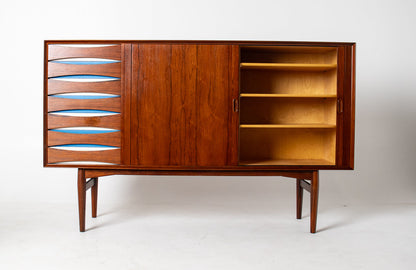 Arne Vodder Rosewood Credenza with Blue & White Drawers, Denmark, 1960
