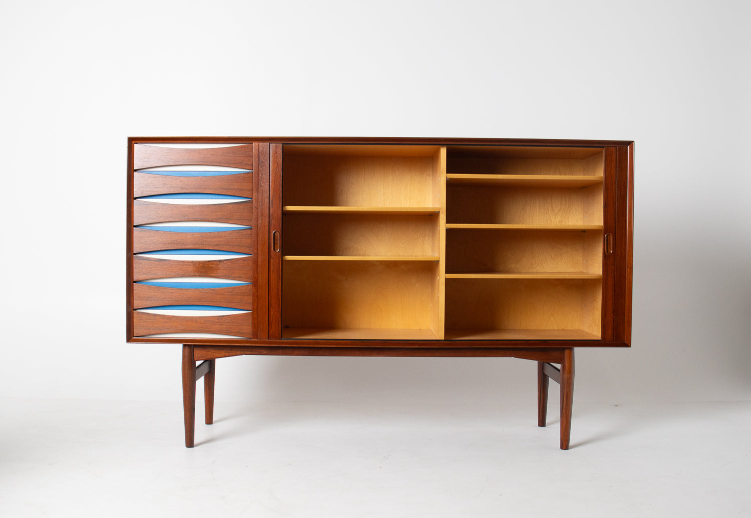Arne Vodder Rosewood Credenza with Blue & White Drawers, Denmark, 1960