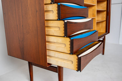Arne Vodder Rosewood Credenza with Blue & White Drawers, Denmark, 1960