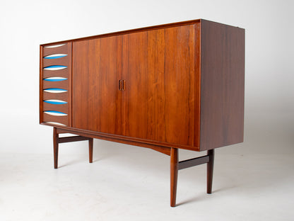 Arne Vodder Rosewood Credenza with Blue & White Drawers, Denmark, 1960