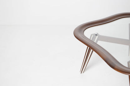 Filippo Chissotti Biomorphic Walnut & Glass Cocktail Table, Italy, c. 1950s–60s