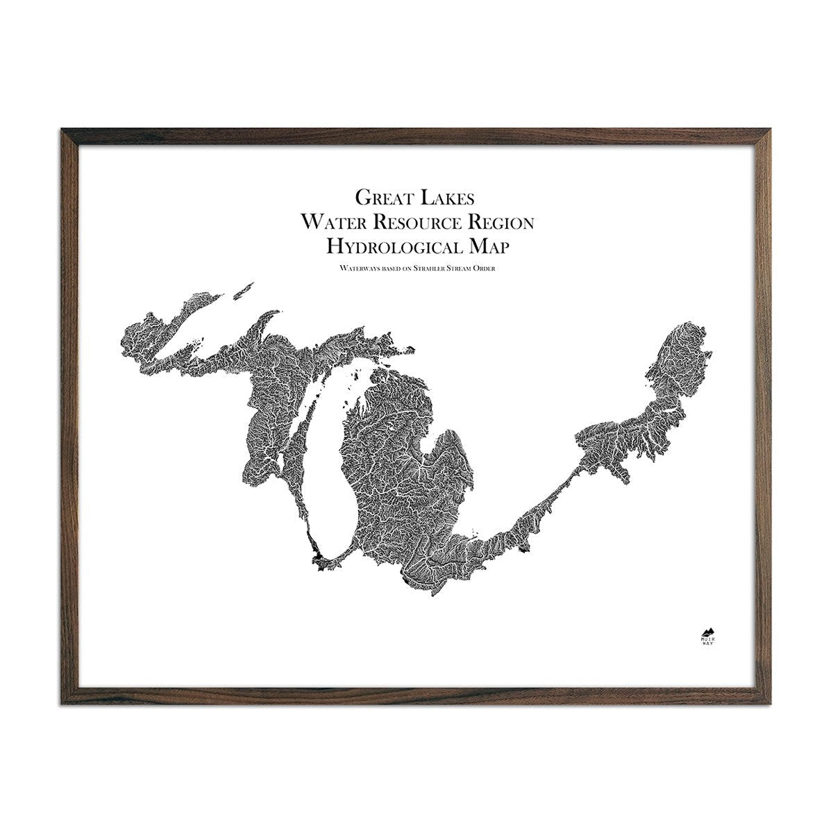 Great Lake Regional Hydrological Map Black w Walnut Frame