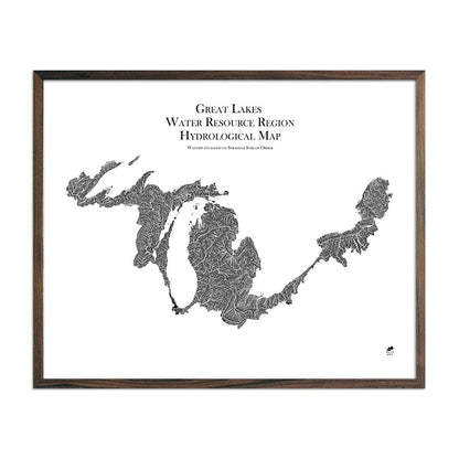 Great Lake Regional Hydrological Map Black w Walnut Frame