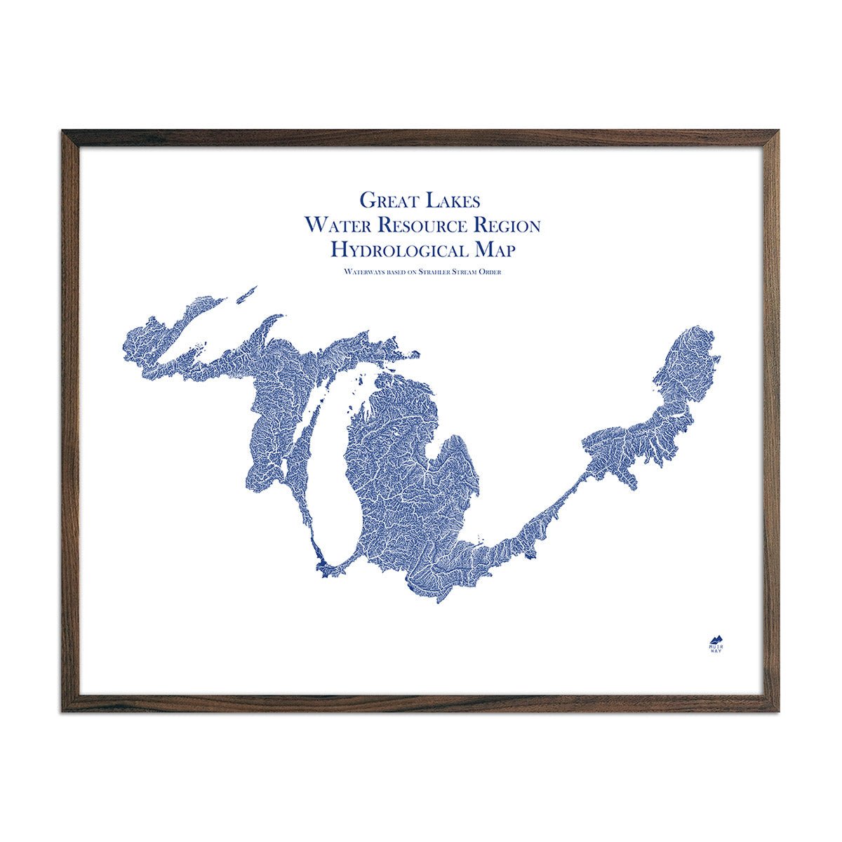 Great Lake Regional Hydrological Map Blue w Walnut Frame