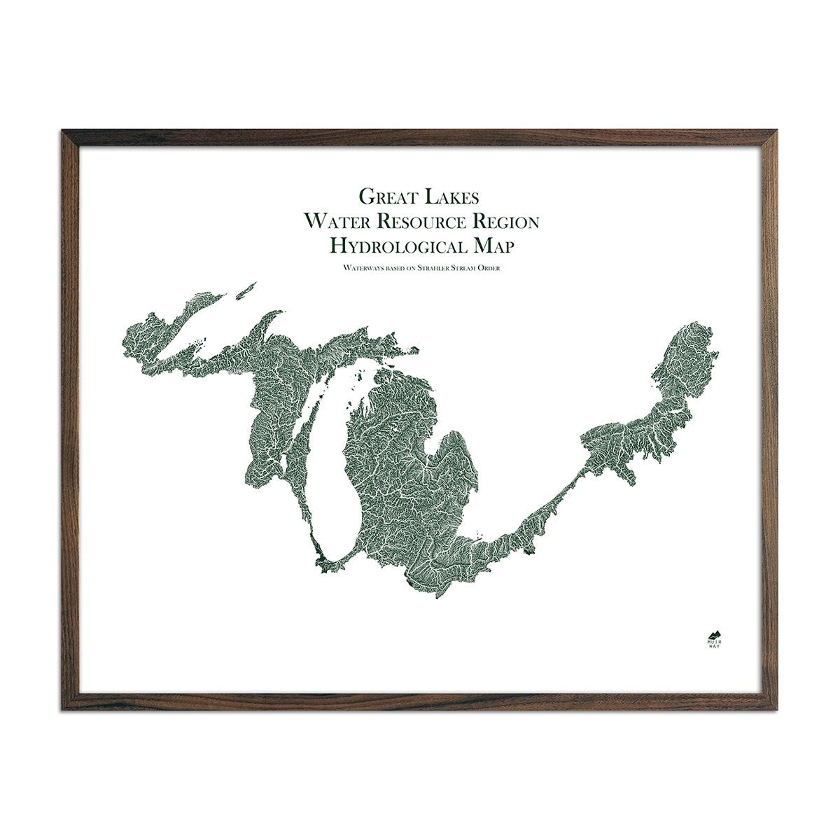 Great Lake Regional Hydrological Map Green w Walnut Frame