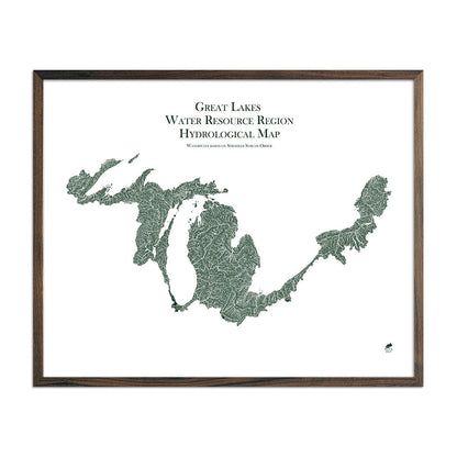 Great Lake Regional Hydrological Map Green w Walnut Frame