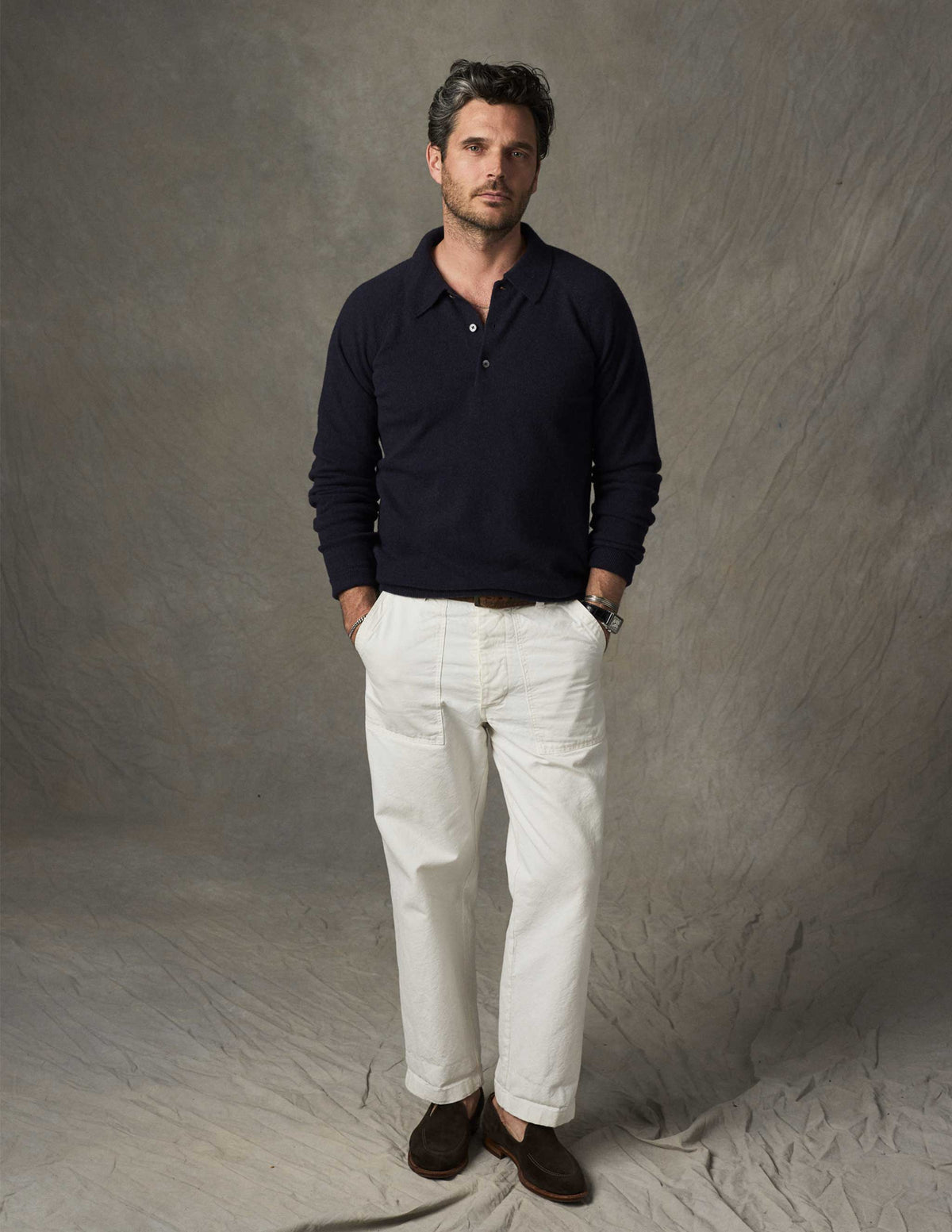 Rivay Luca Italian Wool Sweater Polo in Navy