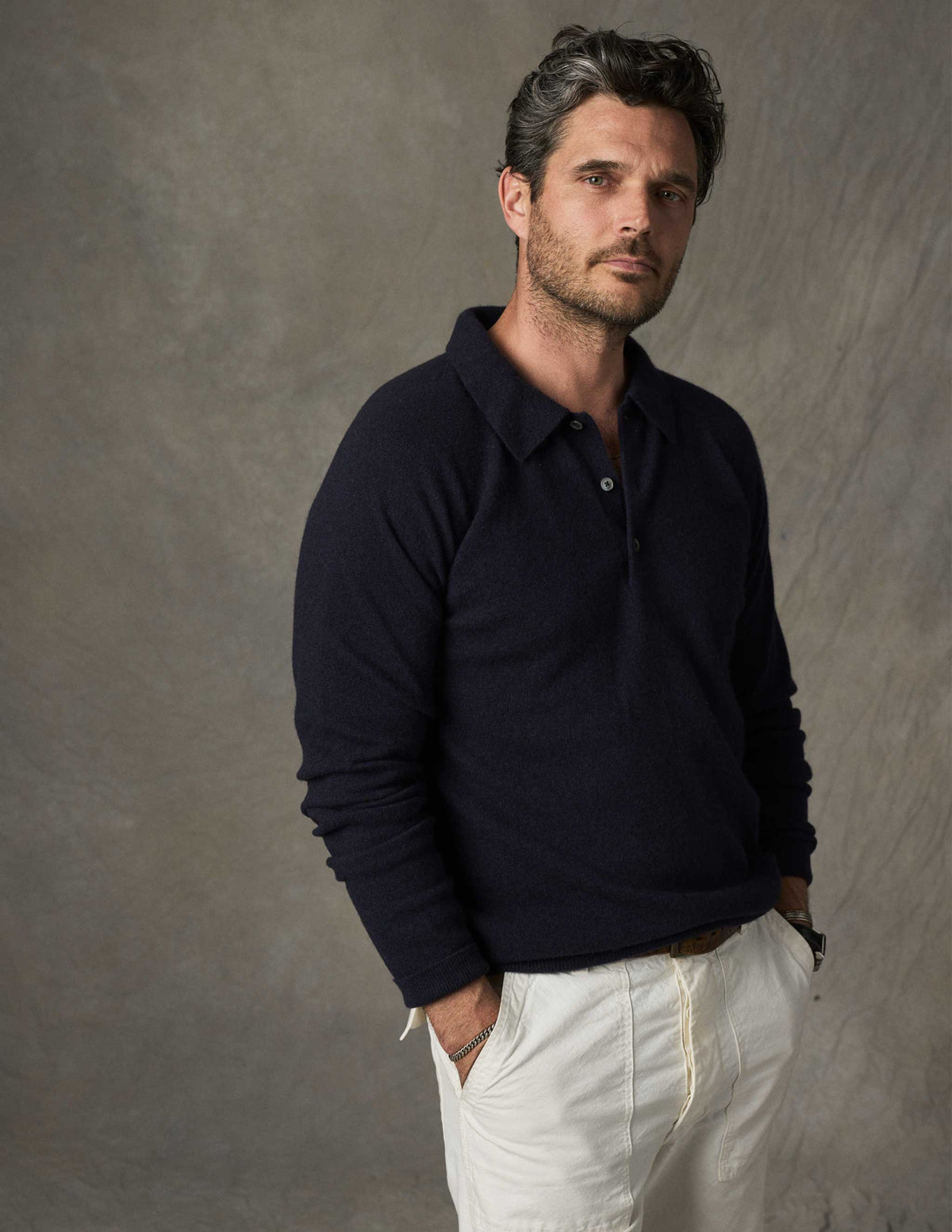 Rivay Luca Italian Wool Sweater Polo in Navy