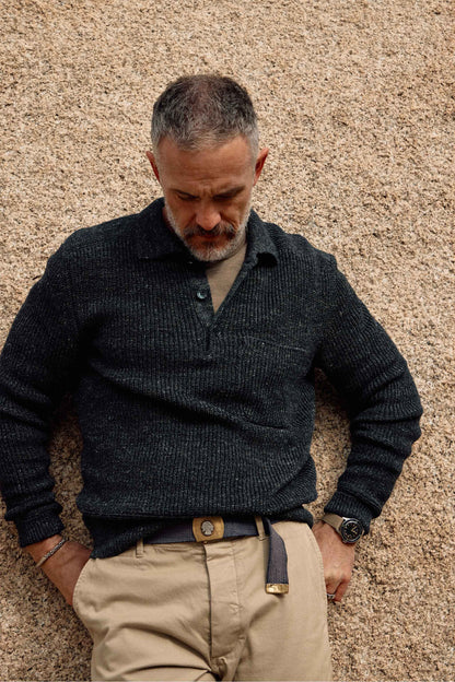 Porto Linen Cotton Sweater in Black Marl