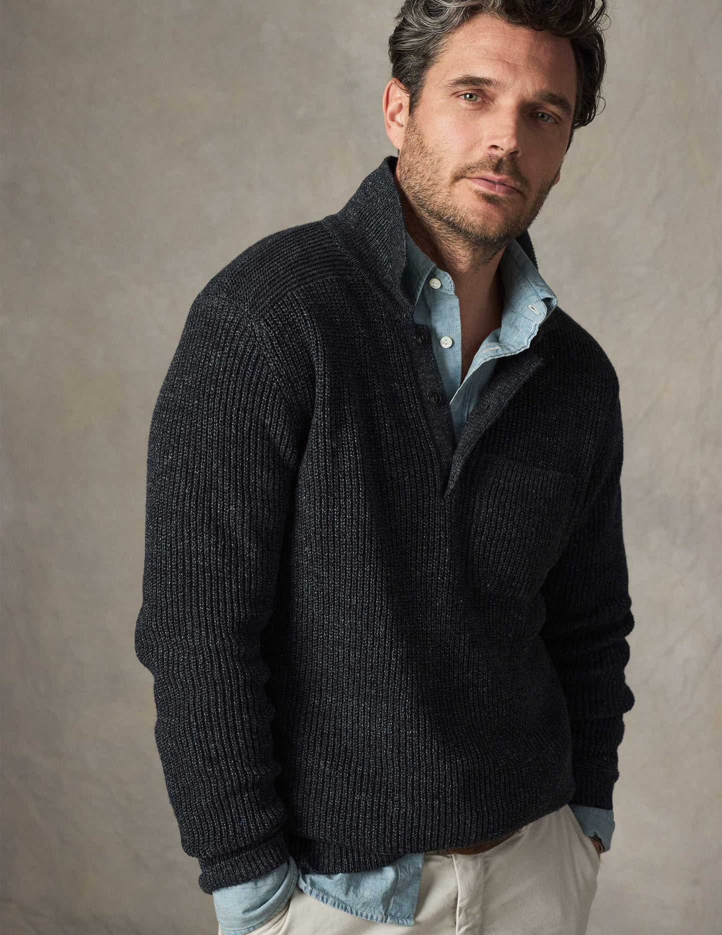 Porto Linen Cotton Sweater in Black Marl