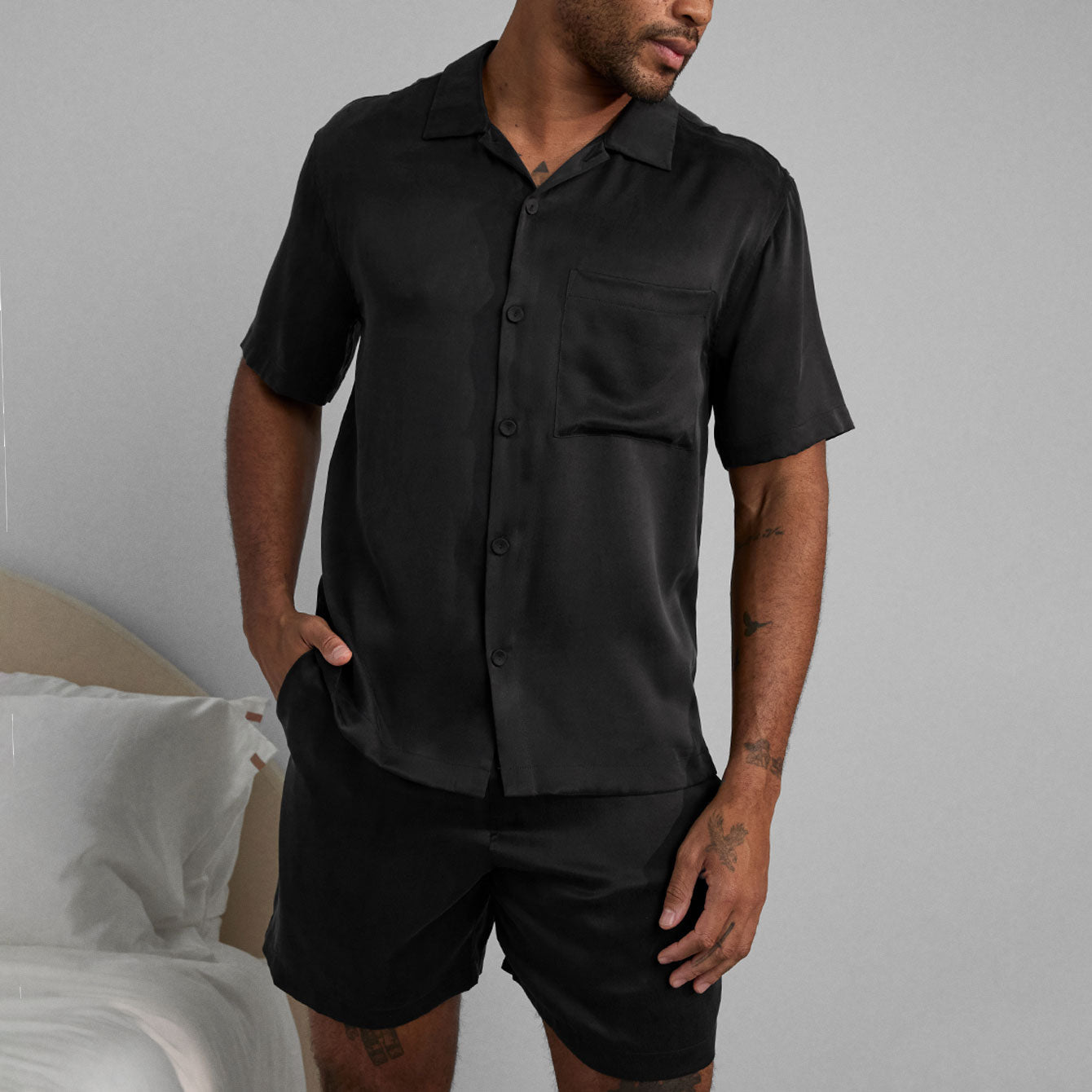Lunya Men's Immersed Black Washable Silk Button Up Short Set