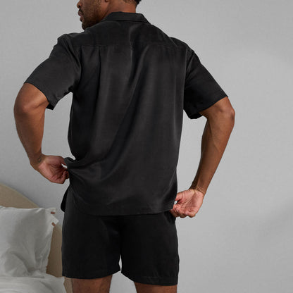 Lunya Men's Immersed Black Washable Silk Button Up Short Set