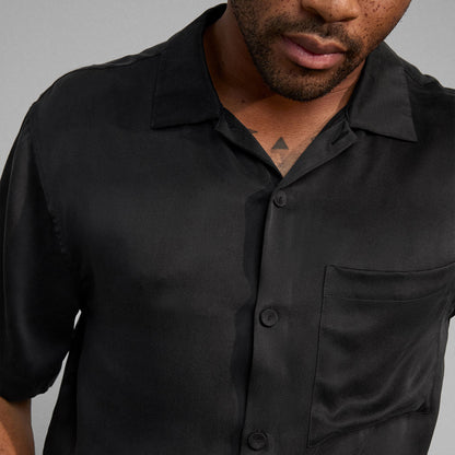 Lunya Men's Immersed Black Washable Silk Button Up Short Set