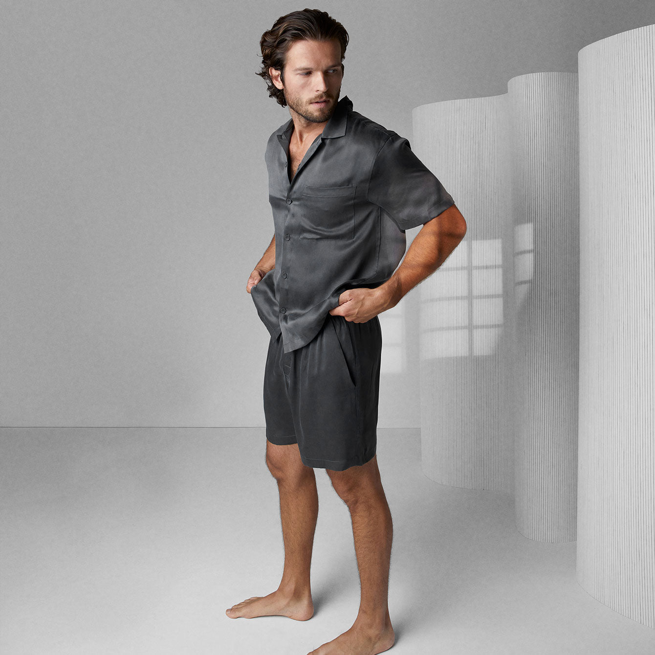 Lunya Men's Meditative Grey Washable Silk Button Up Short Set