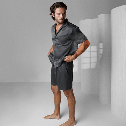 Lunya Men's Meditative Grey Washable Silk Button Up Short Set