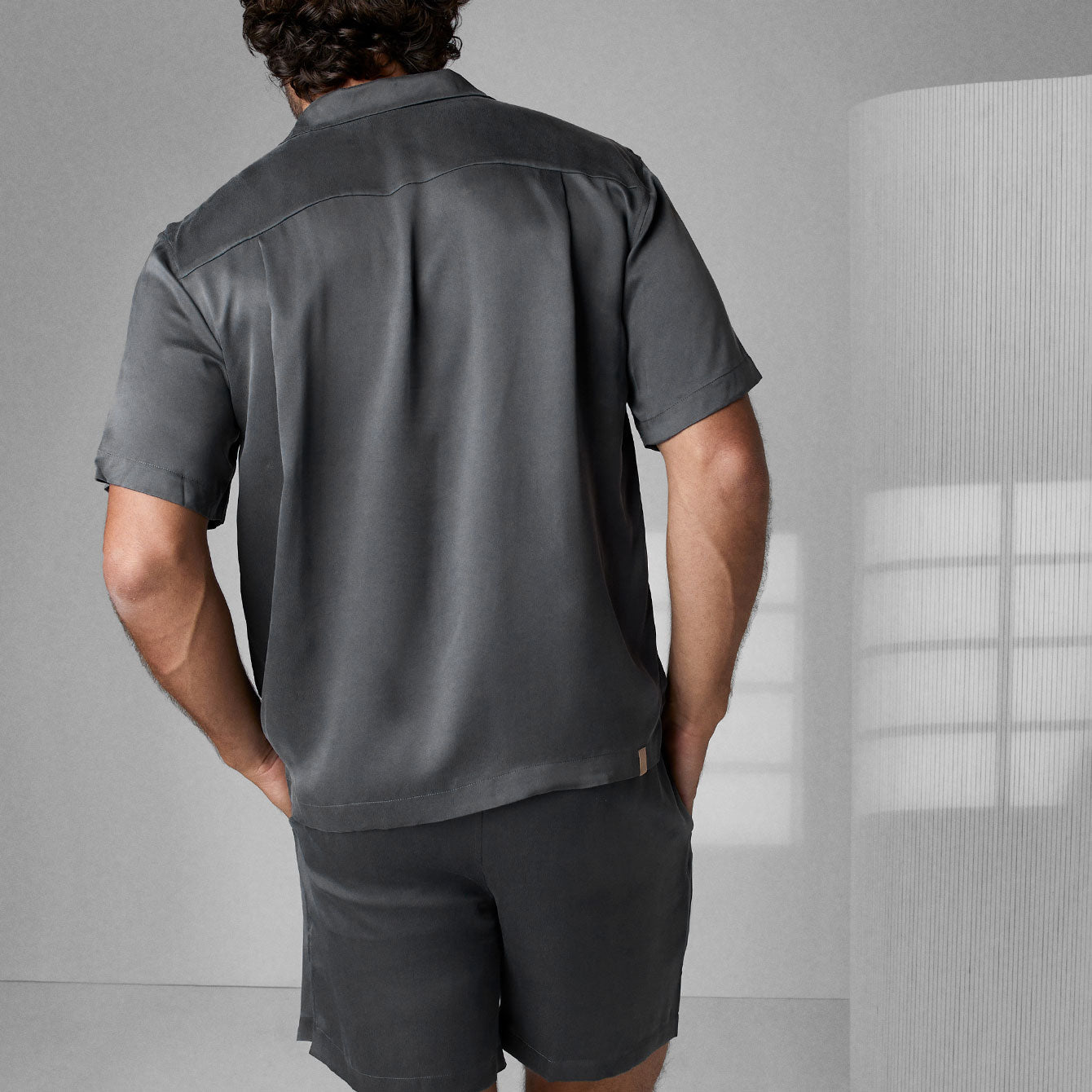 Lunya Men's Meditative Grey Washable Silk Button Up Short Set