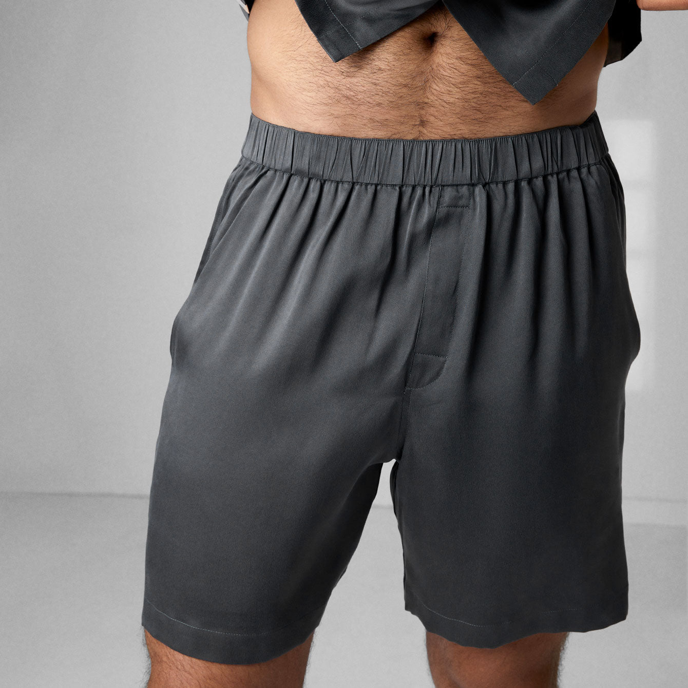 Lunya Men's Meditative Grey Washable Silk Button Up Short Set