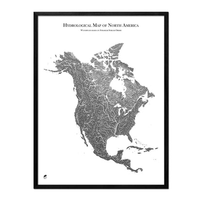 Hydrological Map of North America Black w Black Frame