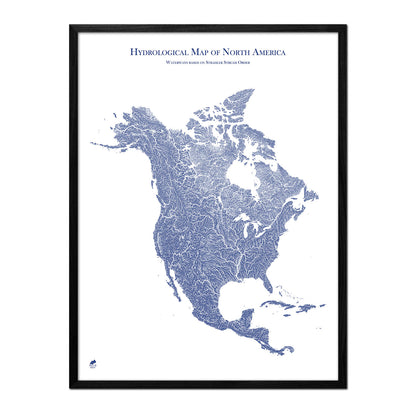 Hydrological Map of North America Blue w Black Frame