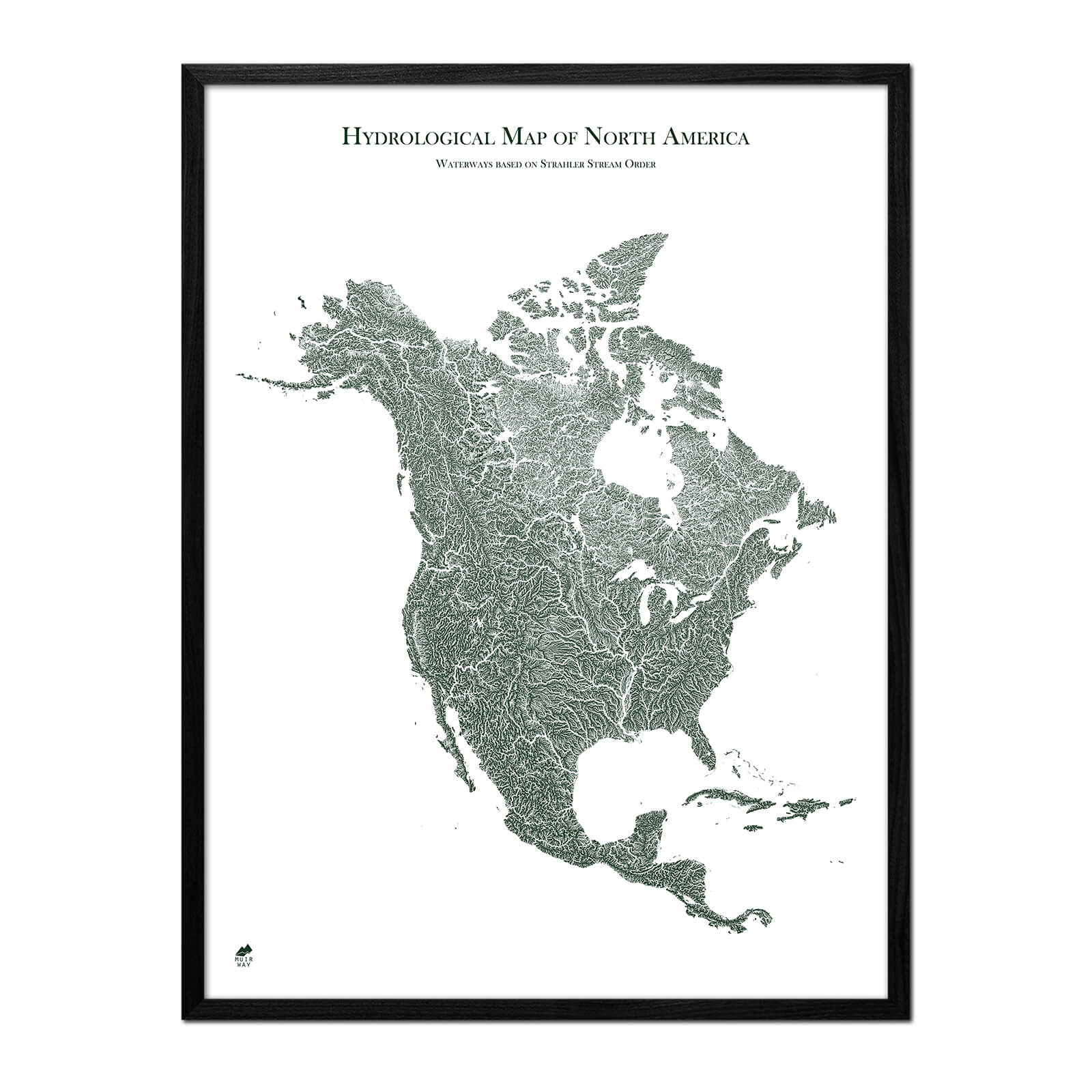 Hydrological Map of North America Green w Black Frame