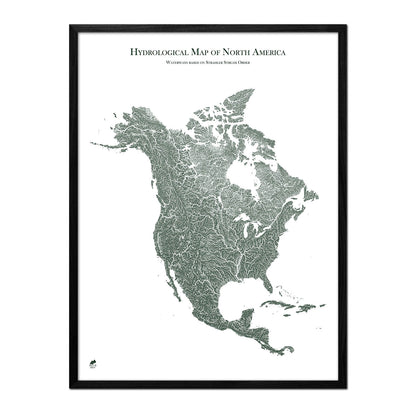Hydrological Map of North America Green w Black Frame