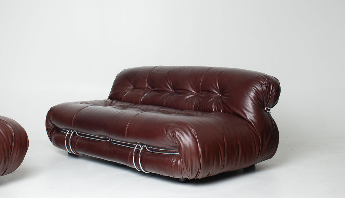 Soriana Love Seat Sofa and Ottoman in New Leather by Afra & Tobia Scarpa for Cassina