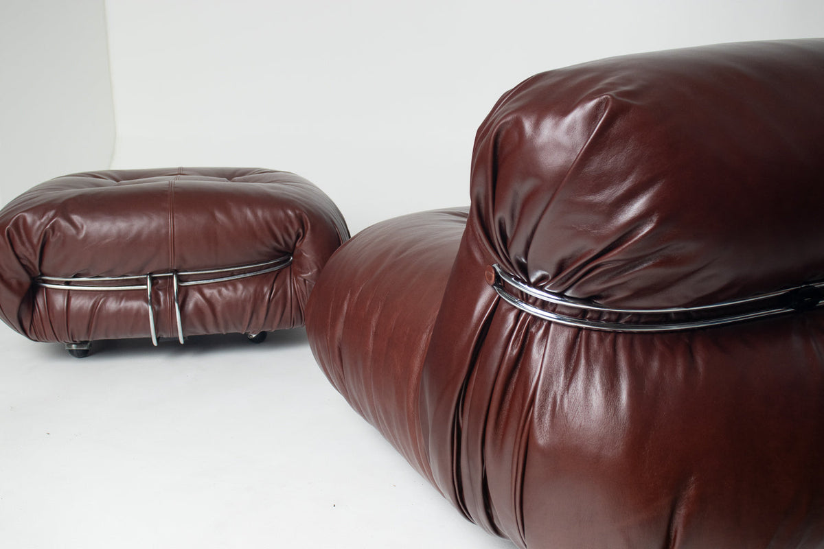 Soriana Love Seat Sofa and Ottoman in New Leather by Afra & Tobia Scarpa for Cassina