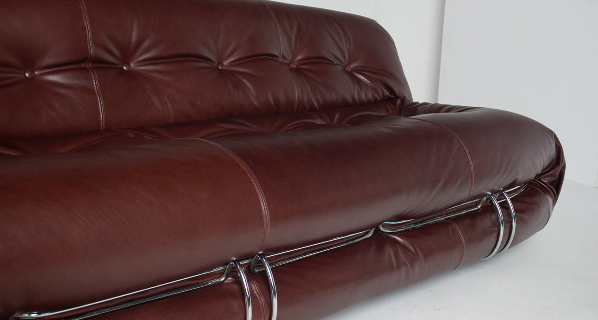 Afra & Tobia Scarpa for Cassina “Soriana” Four-Seat Sofa & Ottoman in New Burgandy Leather