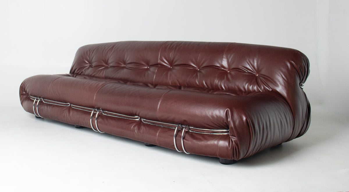 Afra & Tobia Scarpa for Cassina “Soriana” Four-Seat Sofa & Ottoman in New Burgandy Leather
