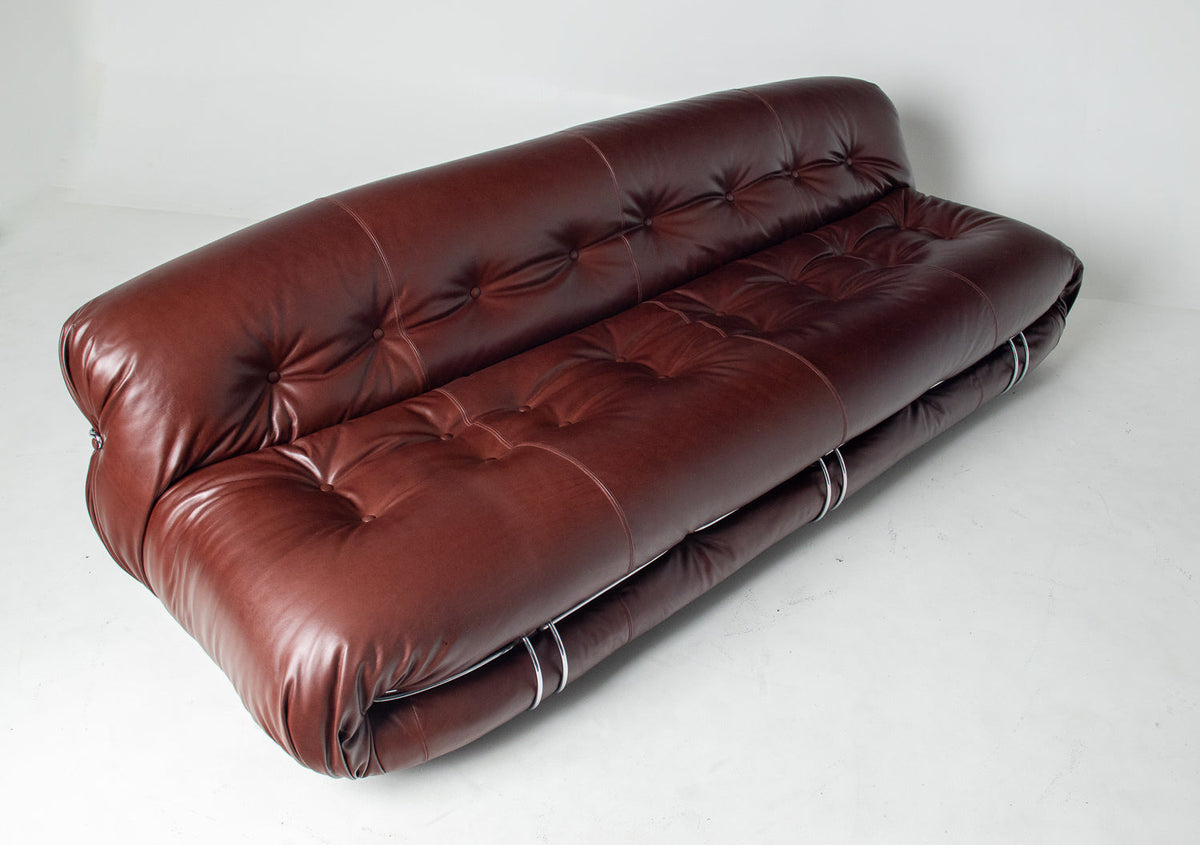 Afra & Tobia Scarpa for Cassina “Soriana” Four-Seat Sofa & Ottoman in New Burgandy Leather
