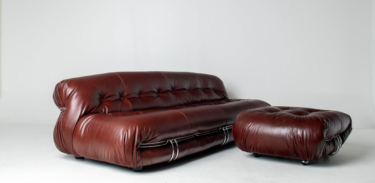 Afra & Tobia Scarpa for Cassina “Soriana” Four-Seat Sofa & Ottoman in New Burgandy Leather