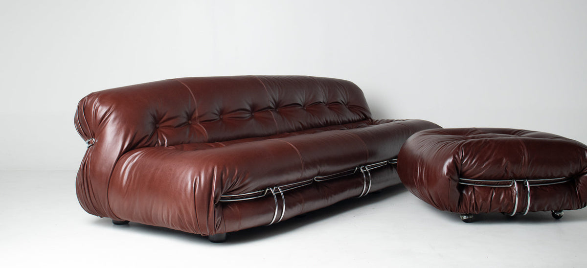 Afra & Tobia Scarpa for Cassina “Soriana” Four-Seat Sofa & Ottoman in New Burgandy Leather