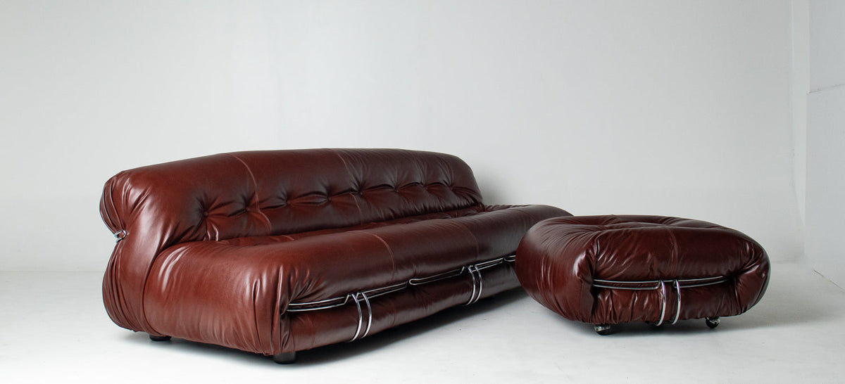 Afra & Tobia Scarpa for Cassina “Soriana” Four-Seat Sofa & Ottoman in New Burgandy Leather